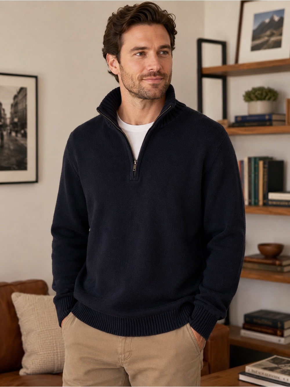 J. Crew Men's Navy 1/4 Zip Sweater 100% Cotton Ribbed Mock Neck Classic Preppy